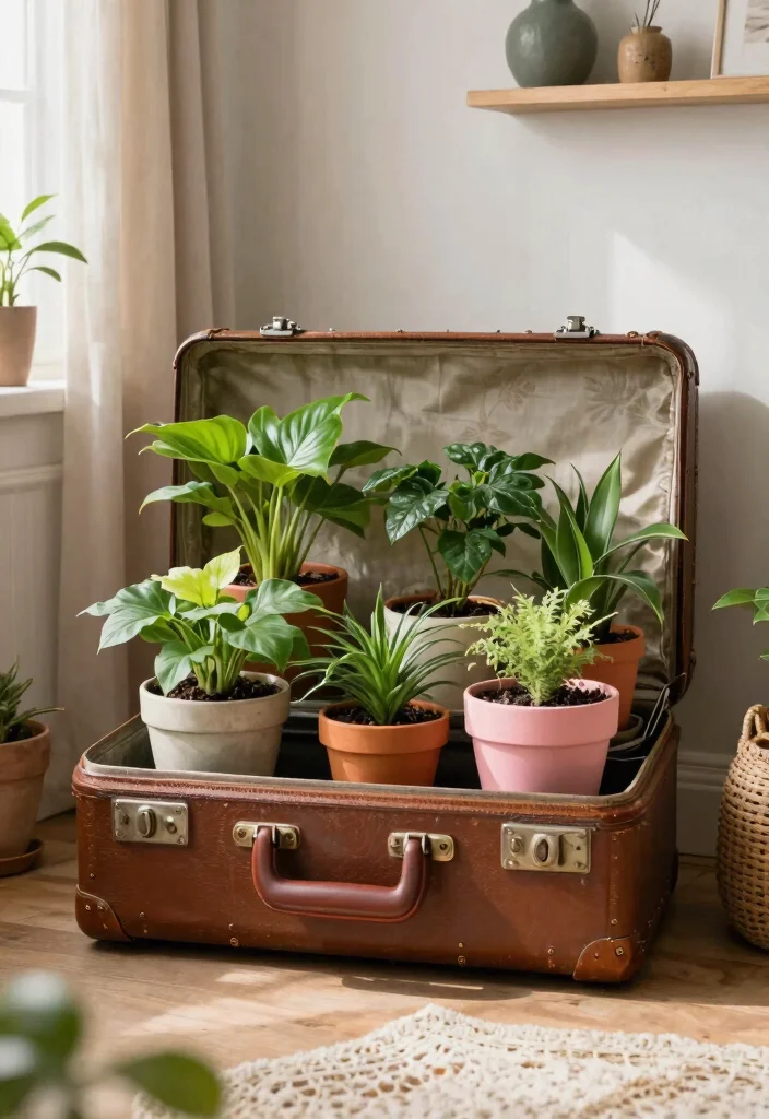 11 Cozy Farmhouse Plant Stand Ideas for Your Home 9. Vintage Suitcase Plant Stand 0