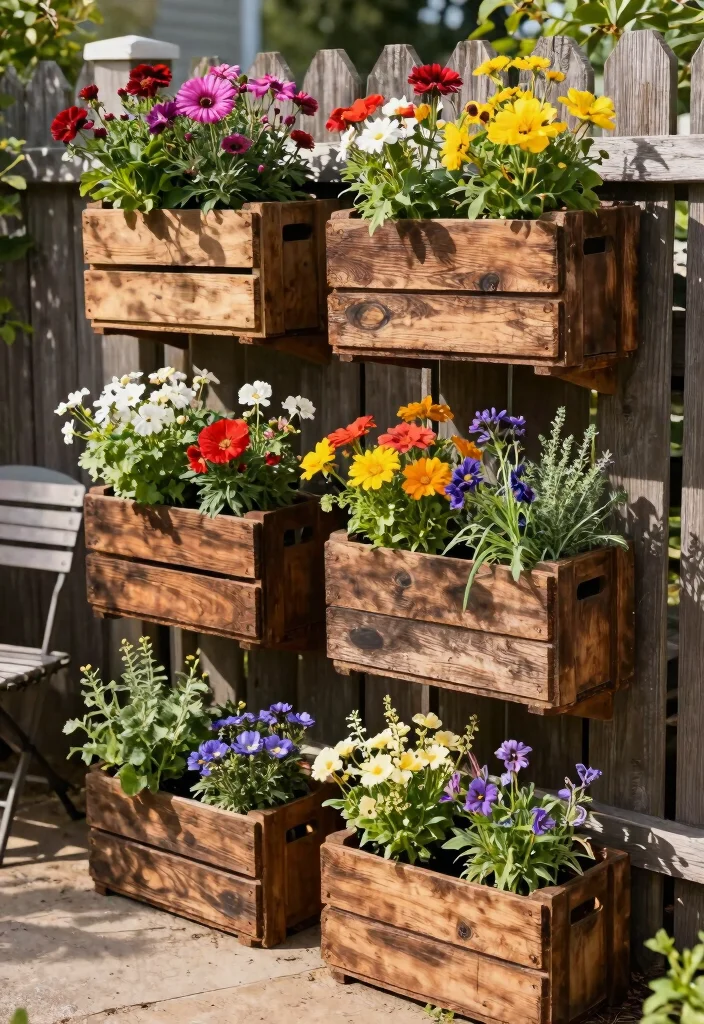 11 Creative Outdoor Wall Planter Ideas for Your Fence 6. Repurposed Wine Crates 0