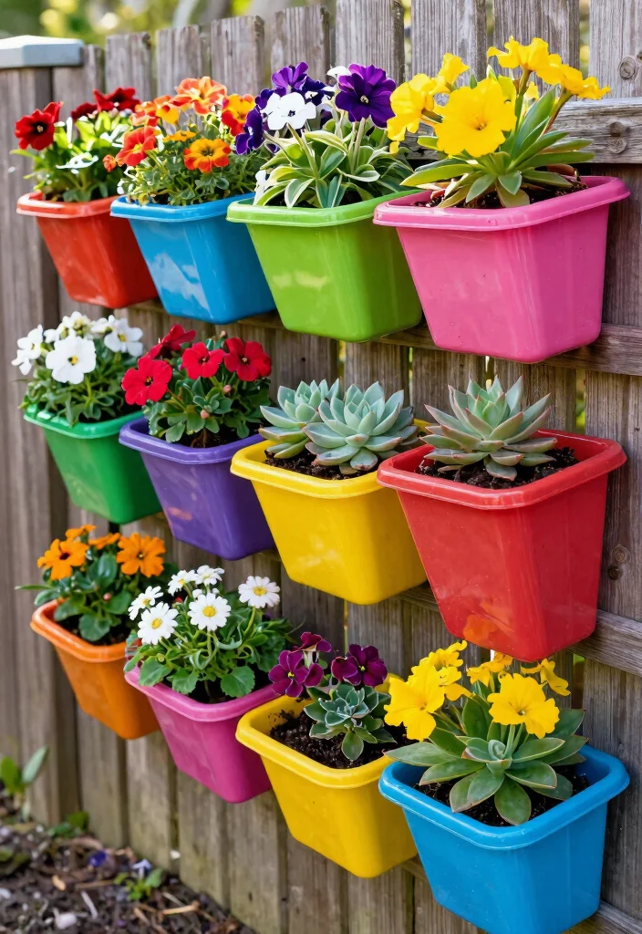 11 Creative Outdoor Wall Planter Ideas for Your Fence 9. Colorful Plastic Planters 0
