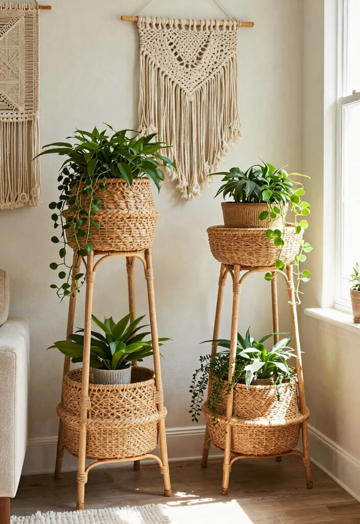 11 Cute Basket Plant Stand Ideas for Cozy Vibes 10. Boho Chic with Rattan 0