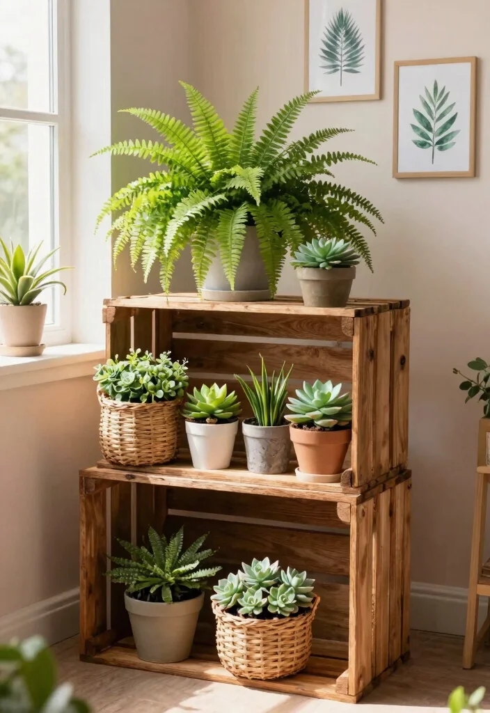 11 Cute Basket Plant Stand Ideas for Cozy Vibes 2. Rustic Charm with Wooden Crates 0