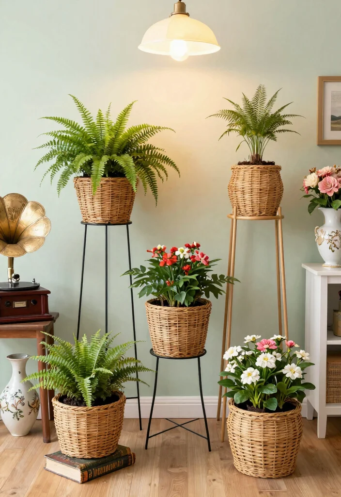 11 Cute Basket Plant Stand Ideas for Cozy Vibes 5. Vintage Vibes 0