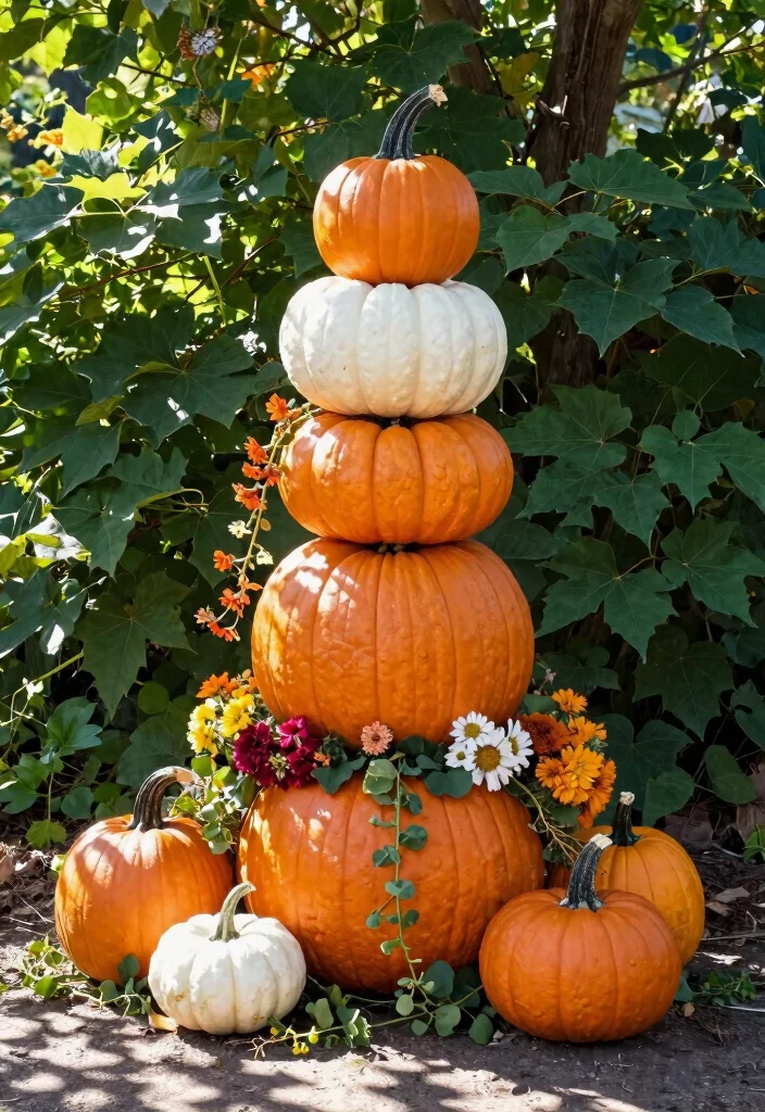 11 Cute Fall Outdoor Planter Ideas with Pumpkins 1. Whimsical Pumpkin Stack 0