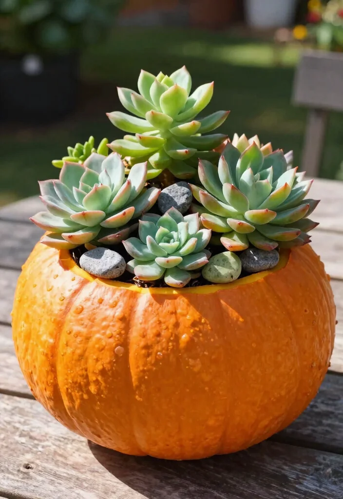 11 Cute Fall Outdoor Planter Ideas with Pumpkins 10. Succulent Pumpkin Planter 0