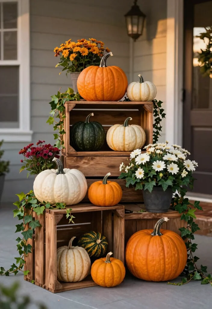 11 Cute Fall Outdoor Planter Ideas with Pumpkins 2. Elegant Tiered Pumpkin Planter 0