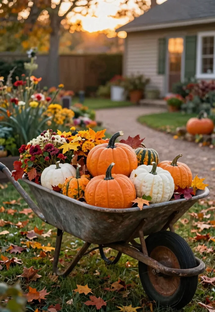 11 Cute Fall Outdoor Planter Ideas with Pumpkins 3. Rustic Wheelbarrow Planter 0