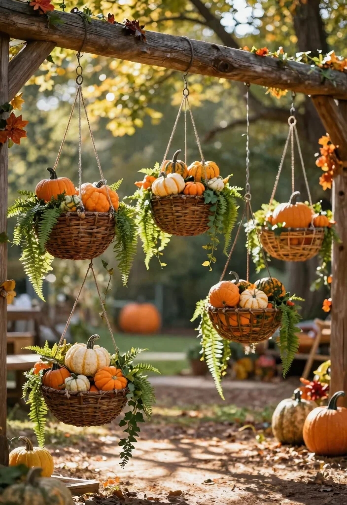 11 Cute Fall Outdoor Planter Ideas with Pumpkins 4. Hanging Pumpkin Baskets 0