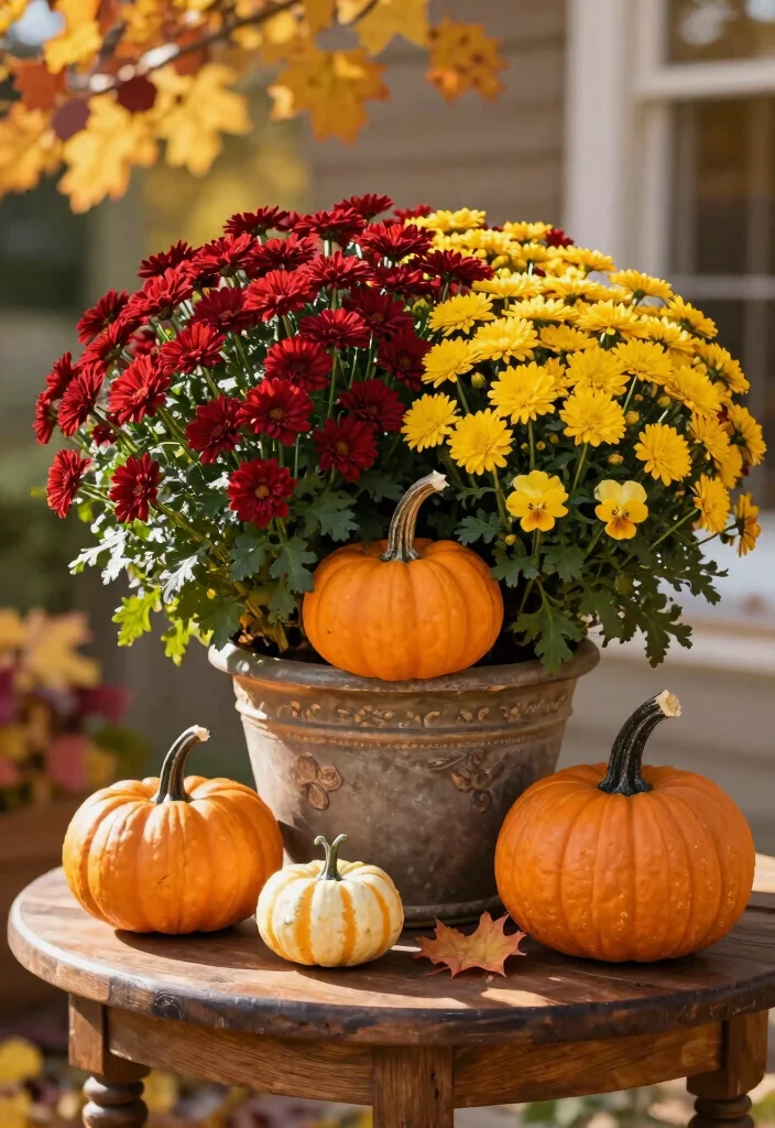 11 Cute Fall Outdoor Planter Ideas with Pumpkins 5. Pumpkin and Flower Combination 0