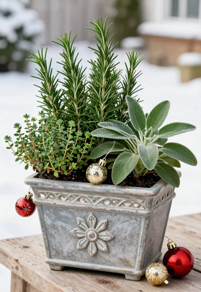 11 Festive Christmas Outdoor Planter Ideas for Holidays 10. Festive Herb Planter 0