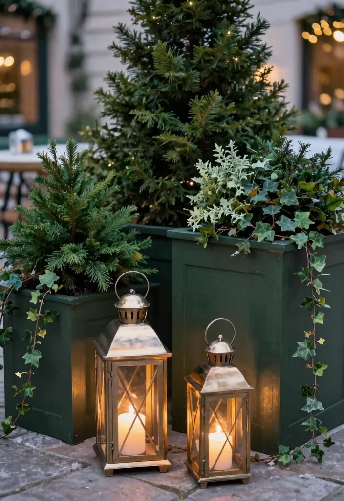 11 Festive Christmas Outdoor Planter Ideas for Holidays 6. Lantern and Greens 0