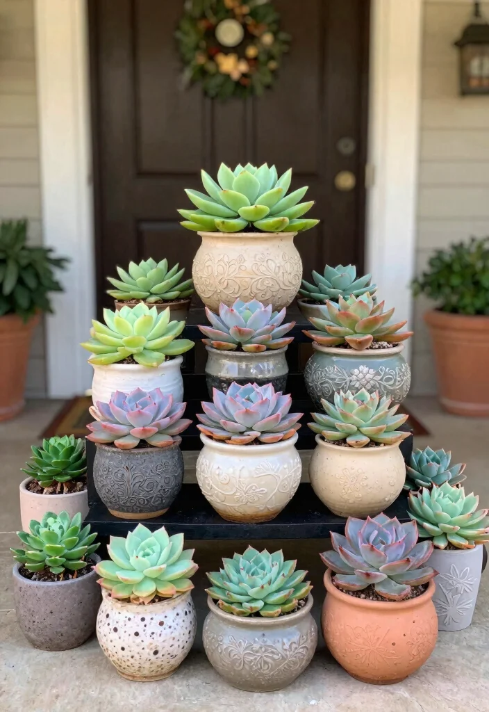 11 Grand Outdoor Entryway Planter Ideas Impress Guests 10. Colorful Succulent Displays 0