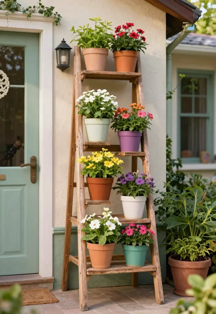 11 Grand Outdoor Entryway Planter Ideas Impress Guests 4. Stylish Ladder Planters 0