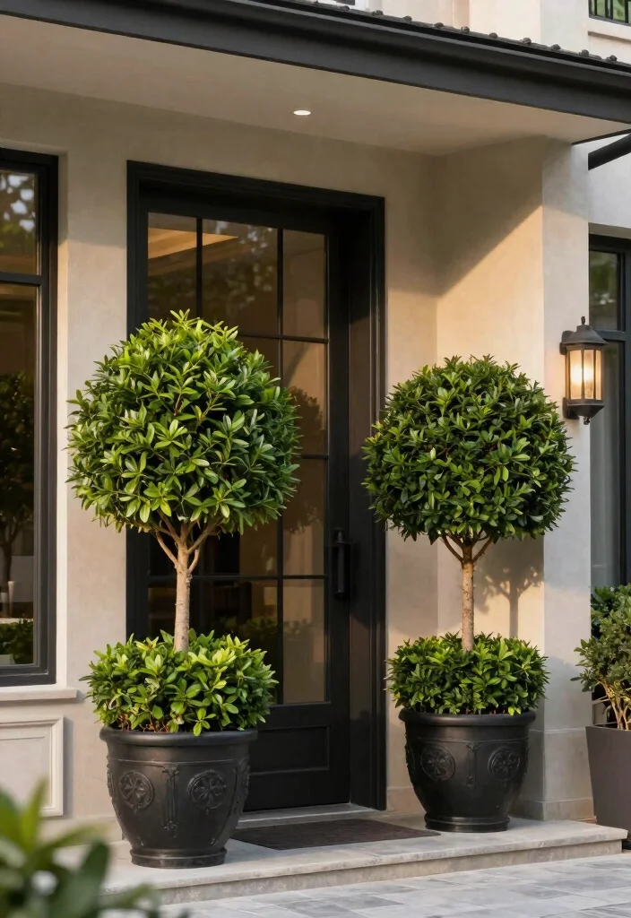 11 Grand Outdoor Entryway Planter Ideas Impress Guests 7. Boxwood Topiary 0
