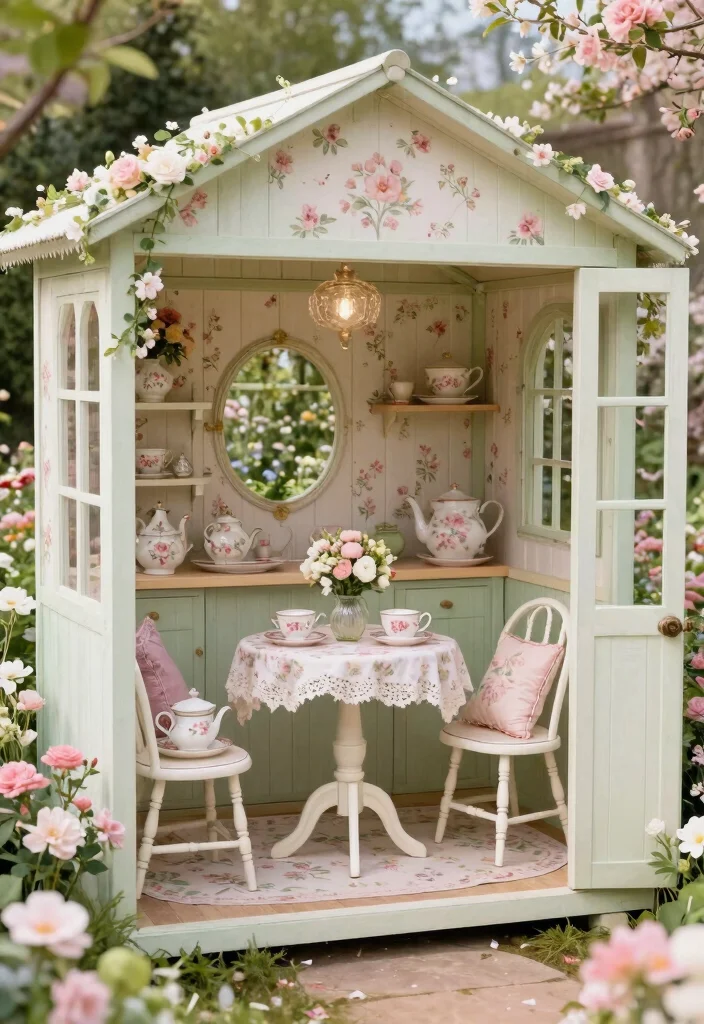 11 Magical Fairy Garden Shed Ideas So Whimsical 8. Vintage Tea Party Shed 0