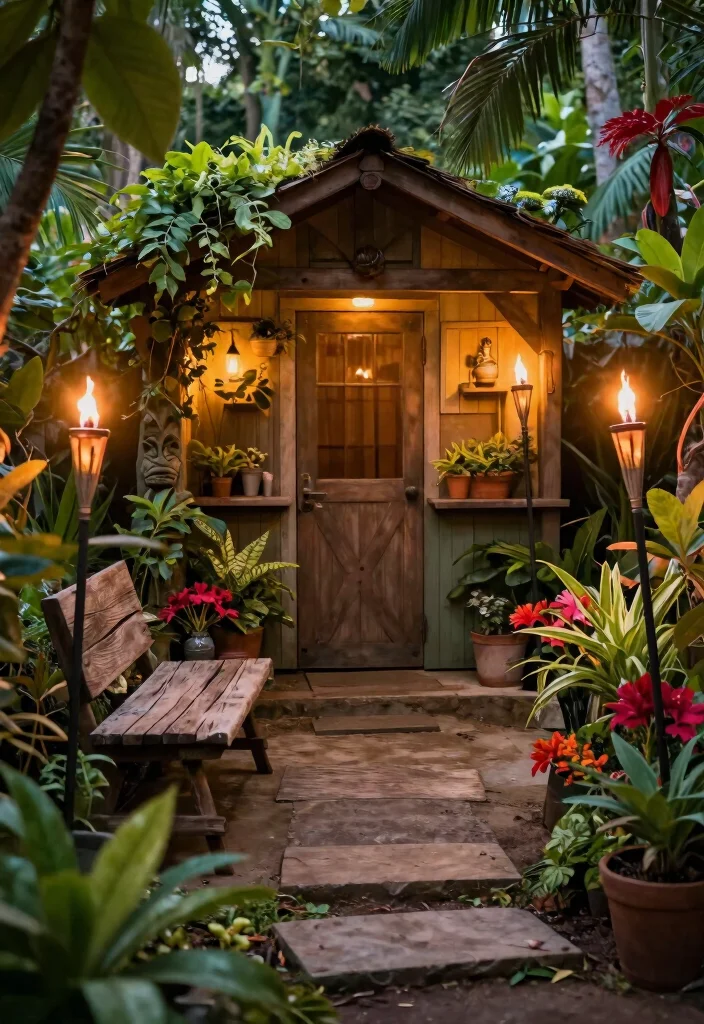 11 Magical Garden Shed Lighting Ideas for Evening Ambiance 9. Tiki Torches for a Tropical Vibe 0