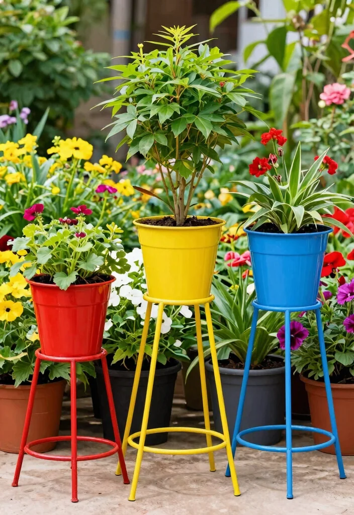 11 Modern Metal Plant Stand Ideas for Your Outdoor Space 5. Colorful Powder Coated Stands 0