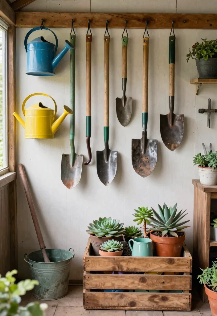 11 Romantic Shabby Chic Garden Shed Ideas for Your Yard 11. Vintage Garden Tools Display 0