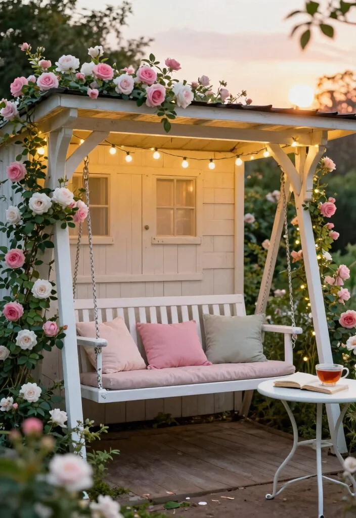 11 Romantic Shabby Chic Garden Shed Ideas for Your Yard 2. Cozy Porch Swing 0