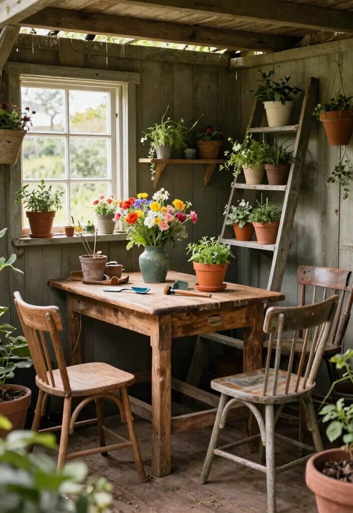11 Romantic Shabby Chic Garden Shed Ideas for Your Yard 3. Rustic Vintage Furniture 0