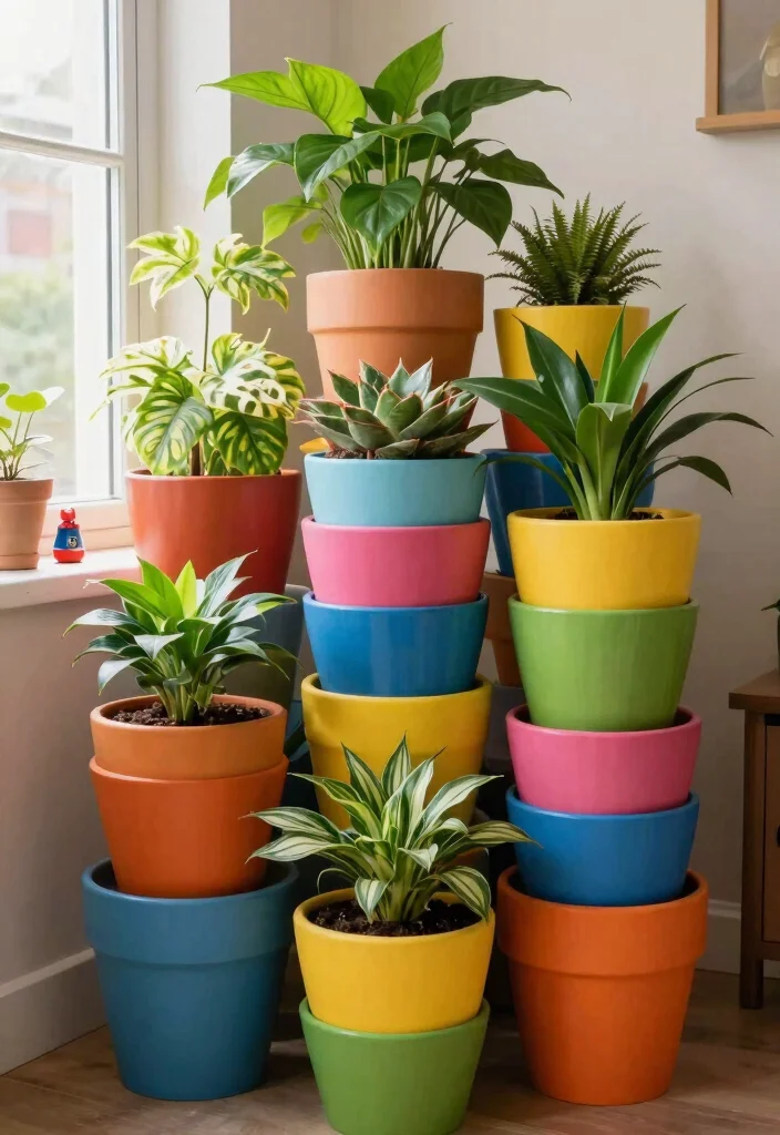11 Smart Window Plant Stand Ideas for Sunlight Lovers 11. Colorful Pot Stacking 0