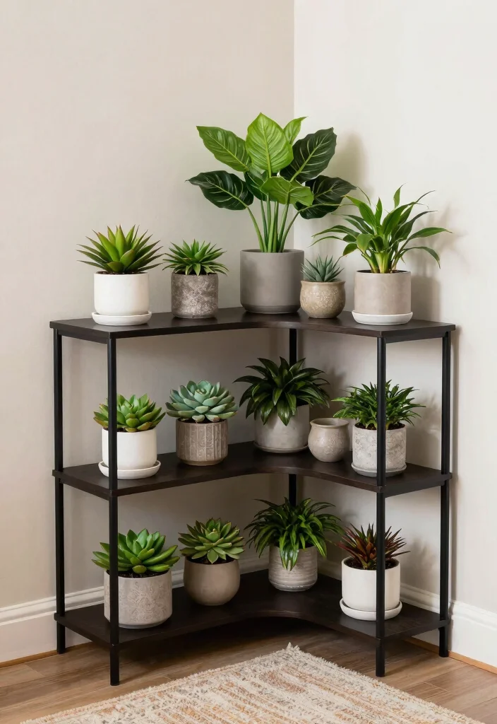11 Space Saving Corner Plant Stand Ideas Tight Spots 3. Corner Shelf Unit for Maximum Display 0