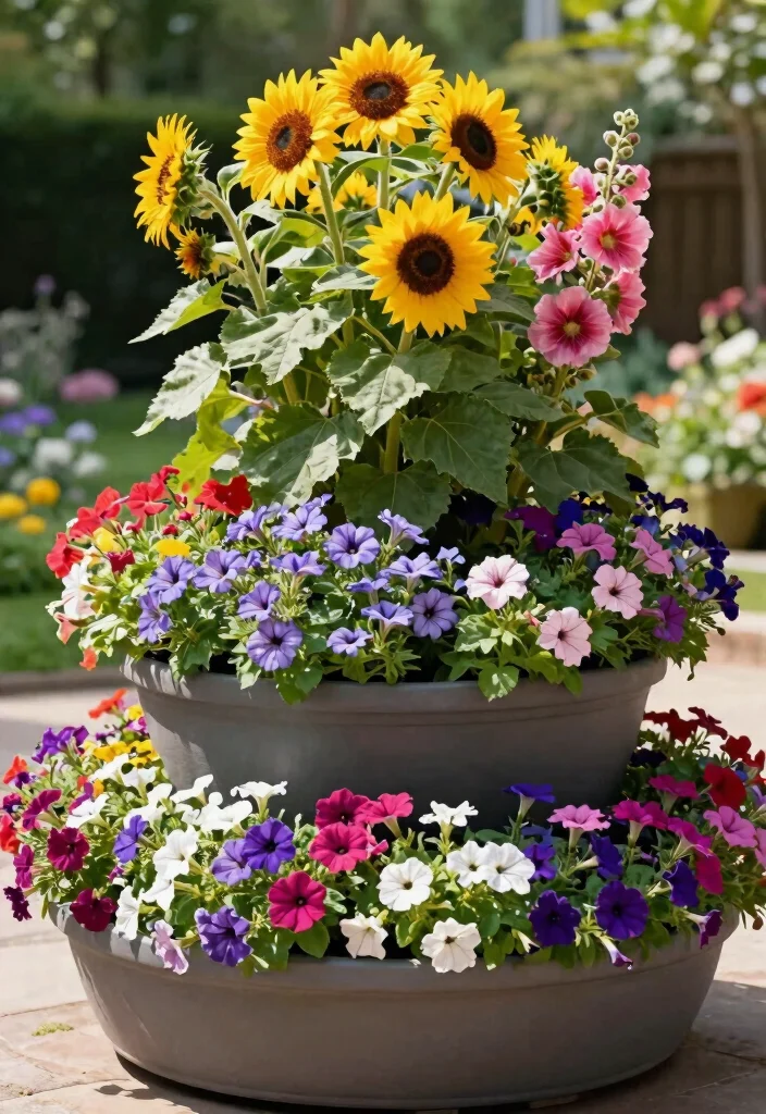 11 Vibrant Flower Planter Ideas for Full Sun Survival 10. Layered Planter Designs 0