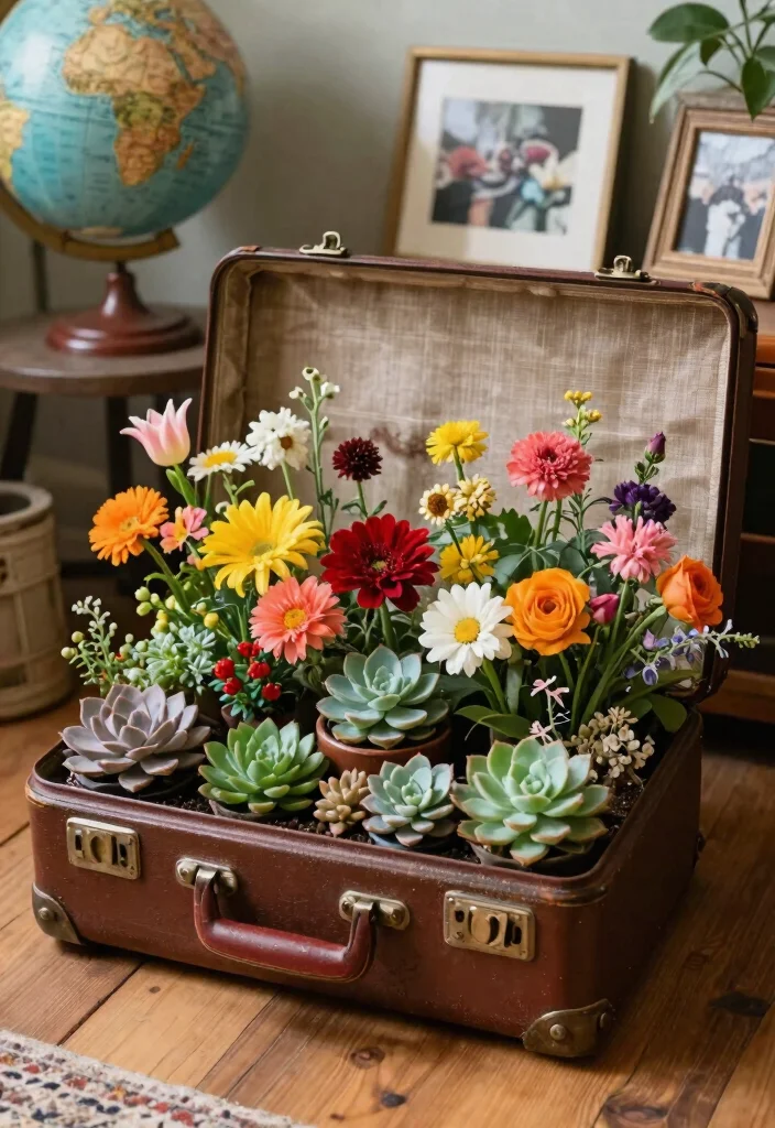 13 Beautiful Inside Plant Stand Ideas for Any Room 6. Vintage Suitcase Planters 0