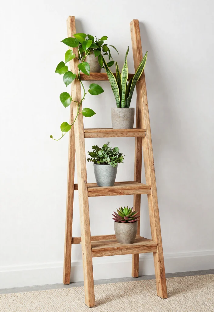 13 Easy Indoor Plant Stand Ideas DIY Wood Projects 1. Minimalist Ladder Stand 0