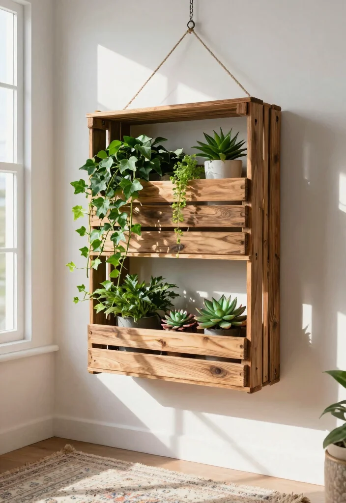 13 Easy Indoor Plant Stand Ideas DIY Wood Projects 4. Hanging Wooden Crate Stand 0