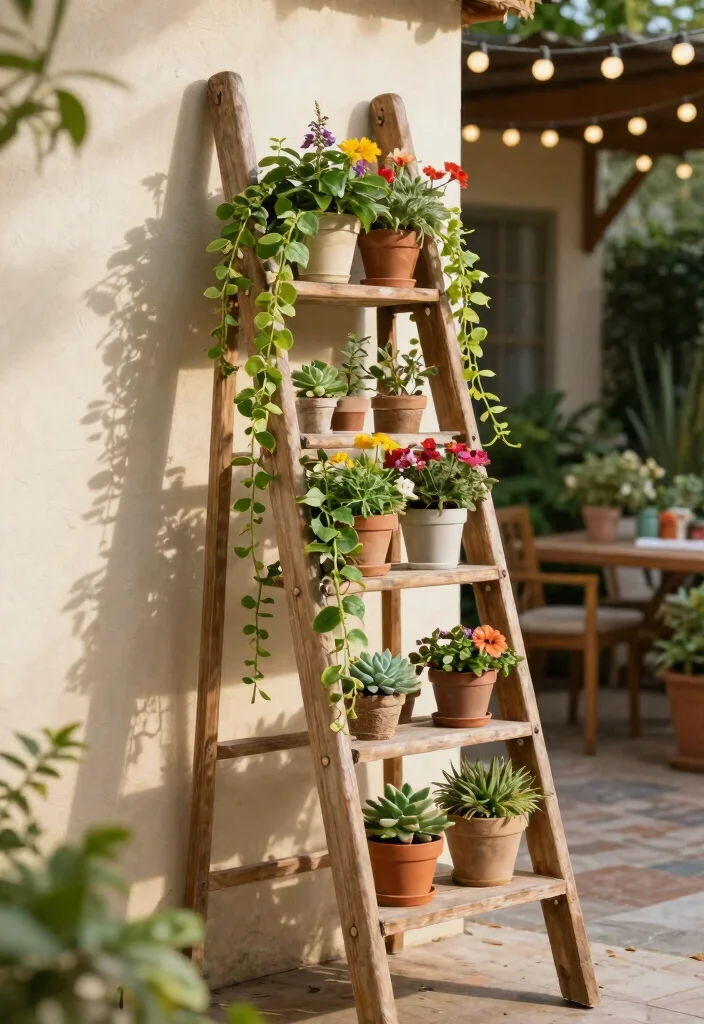 13 Sturdy Outdoor Plant Stand Ideas for Patios and Decks 1. Vertical Ladder Plant Stand 0