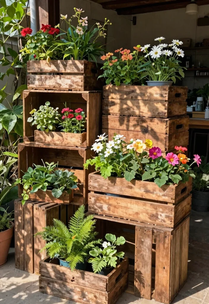 13 Sturdy Outdoor Plant Stand Ideas for Patios and Decks 7. Vintage Wooden Crates 0