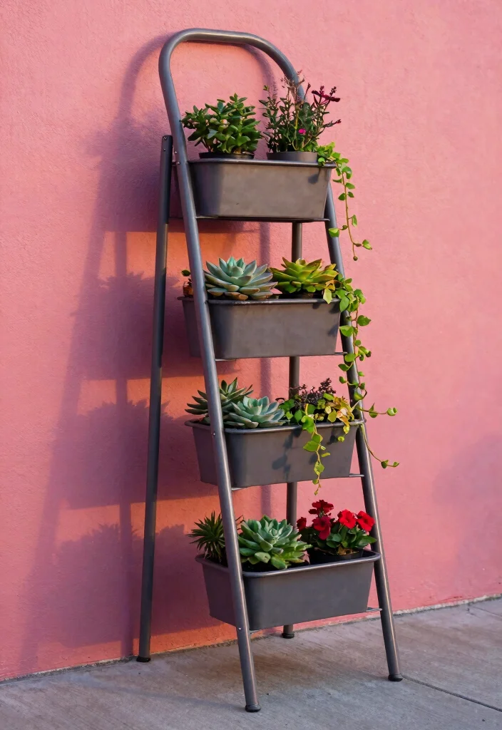 13 Sturdy Outdoor Planter Stand Ideas Better Display 2. Metal Ladder Planter Stand 0
