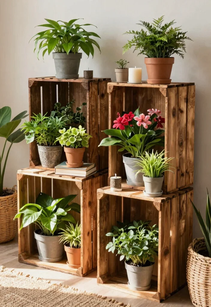 13 Warm Wooden Plant Stand Ideas DIY Inspiration 10. Rustic Crate Plant Stand 0