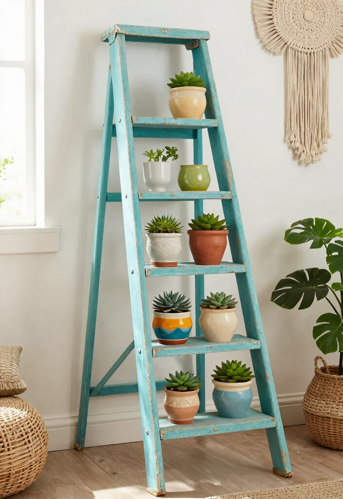 13 Warm Wooden Plant Stand Ideas DIY Inspiration 3. Vintage Ladder Plant Stand 0