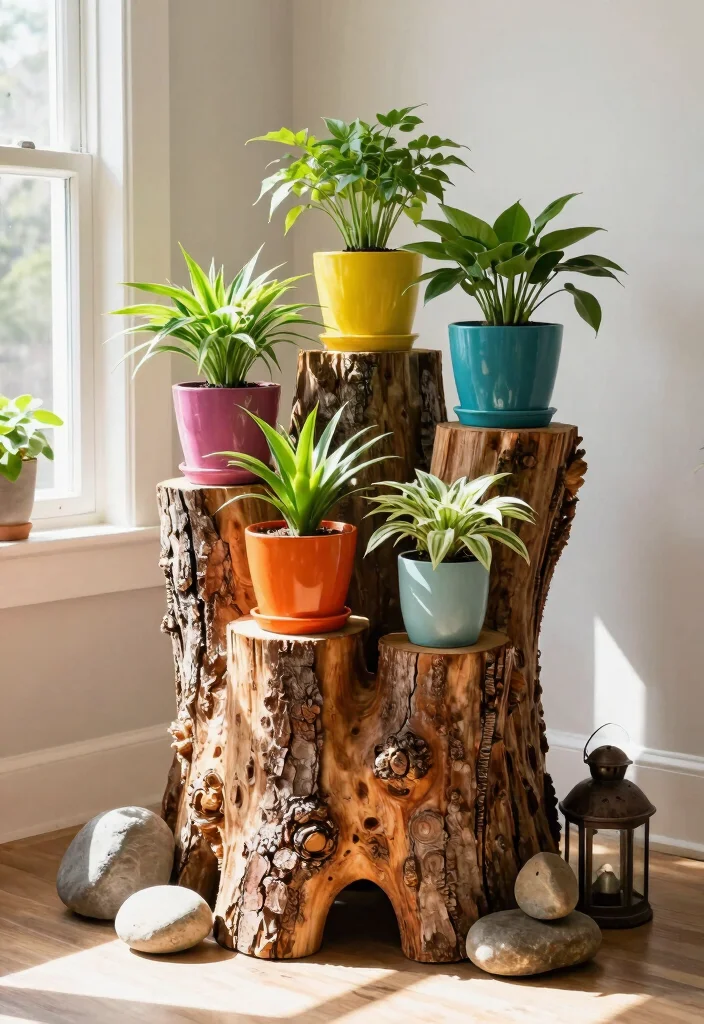 13 Warm Wooden Plant Stand Ideas DIY Inspiration 4. Stump Planter Stand 0