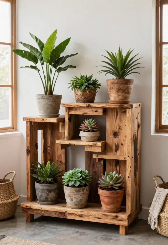 13 Warm Wooden Plant Stand Ideas DIY Inspiration 7. Reclaimed Wood Display Stand 0