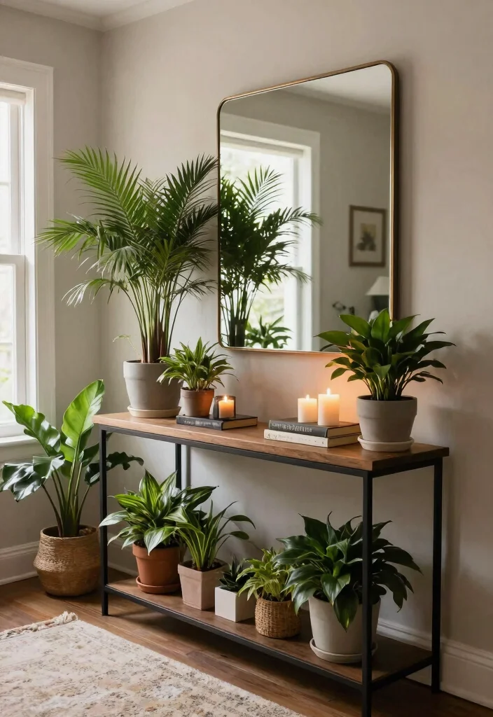 15 Aesthetic Plant Stand Decor Ideas to Personalize Your Space 12. Console Table Plant Display 0