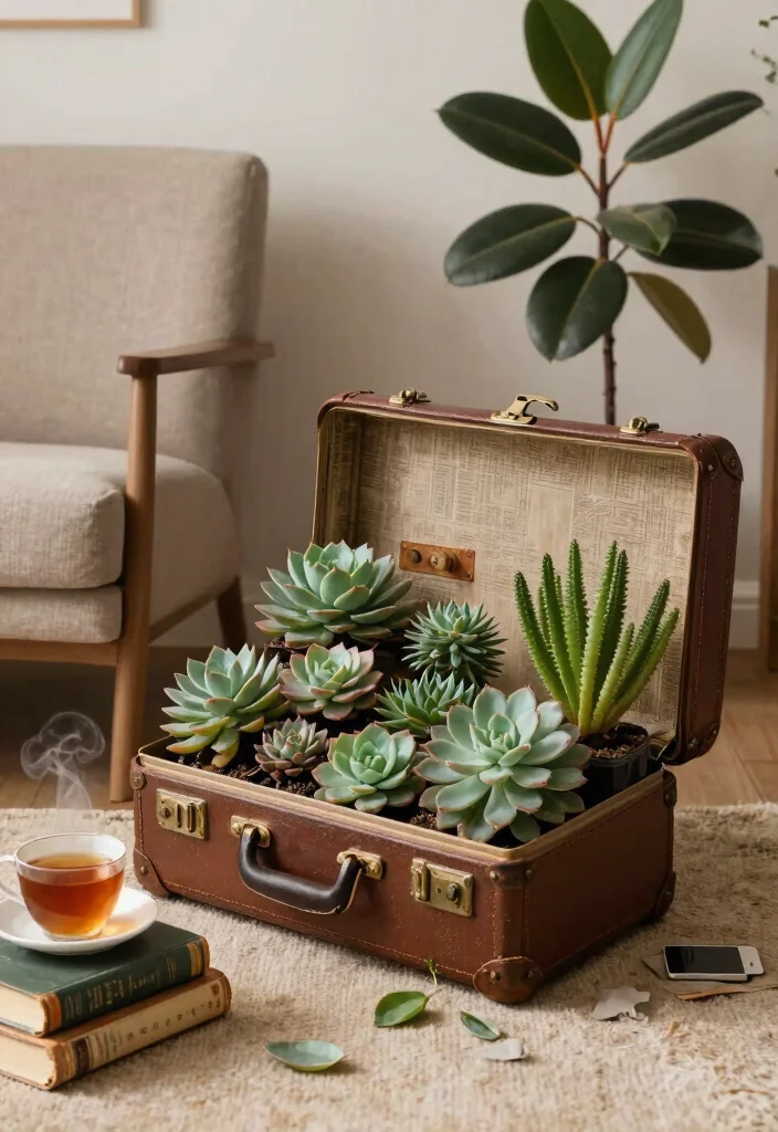 15 Aesthetic Plant Stand Decor Ideas to Personalize Your Space 4. Vintage Suitcase Plant Stand 0