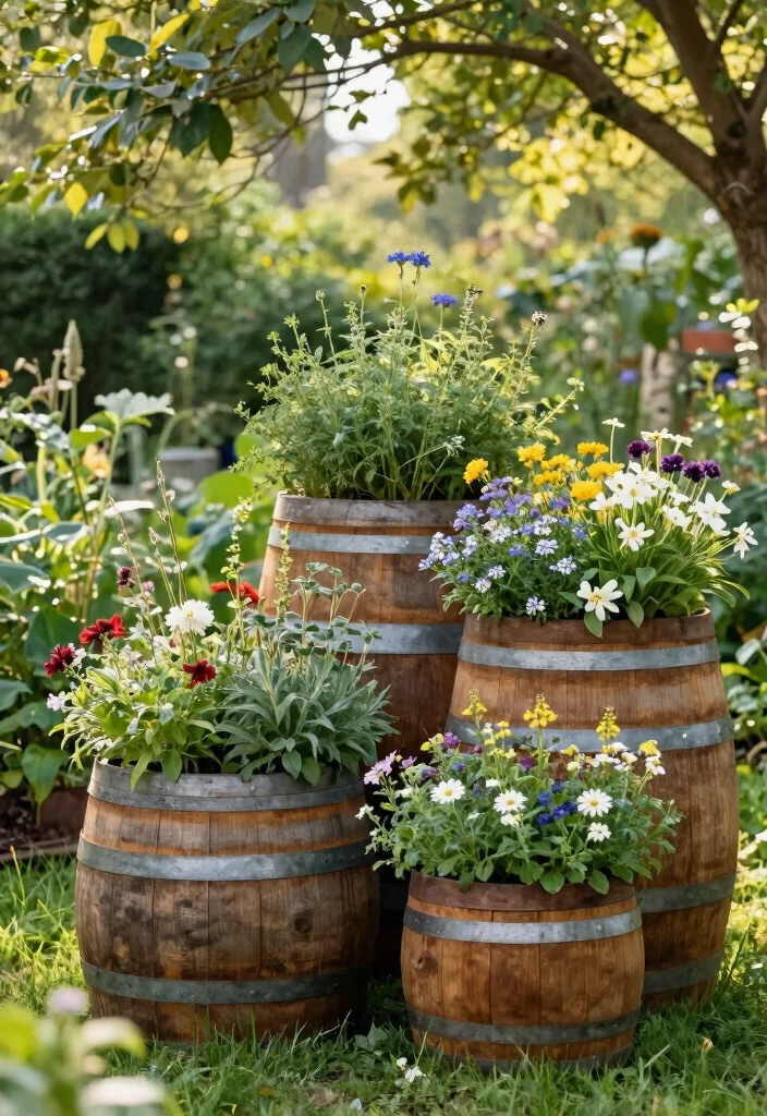 15 Best Outdoor Planter Decor Inspiration for Your Garden 10. Rustic Barrel Planters 0