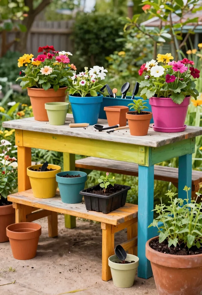 15 Best Outdoor Planter Decor Inspiration for Your Garden 6. Colorful Potting Stations 0