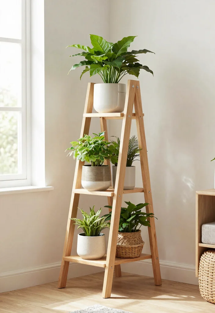 15 Stylish Indoor Plant Holder Ideas for Your Living Room 1. Sleek Ladder Plant Stand 0