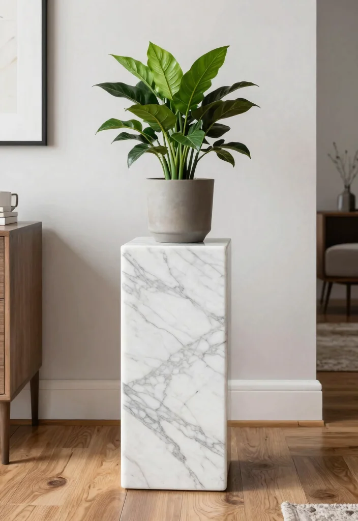 15 Stylish Indoor Plant Holder Ideas for Your Living Room 13. Elegant Marble Plant Stands 0