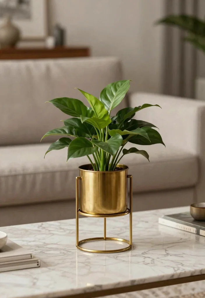 15 Stylish Indoor Plant Holder Ideas for Your Living Room 2. Minimalist Brass Plant Holder 0