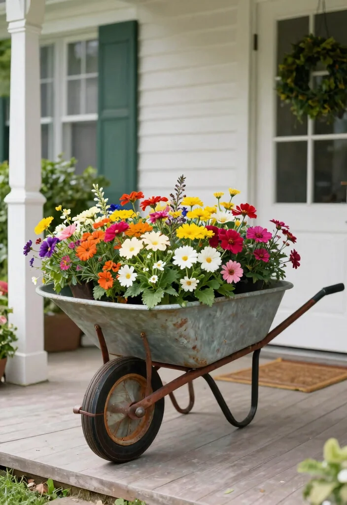 21 Stunning Outdoor Planter Ideas to Brighten Your Porch 10. Rustic Wheelbarrow Planter 0