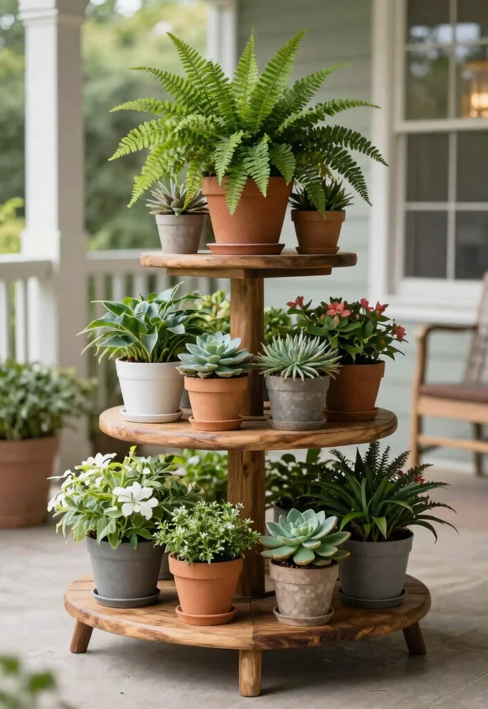 21 Stunning Outdoor Planter Ideas to Brighten Your Porch 3. Tiered Plant Stand 0