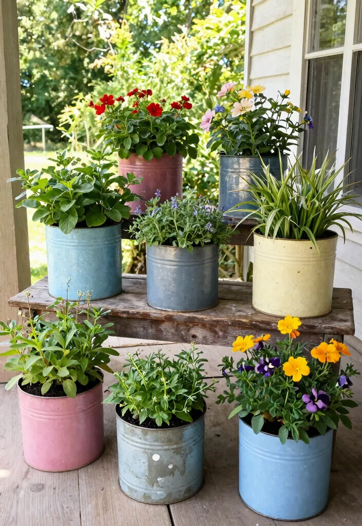 21 Stunning Outdoor Planter Ideas to Brighten Your Porch 5. Upcycled Tins as Planters 0