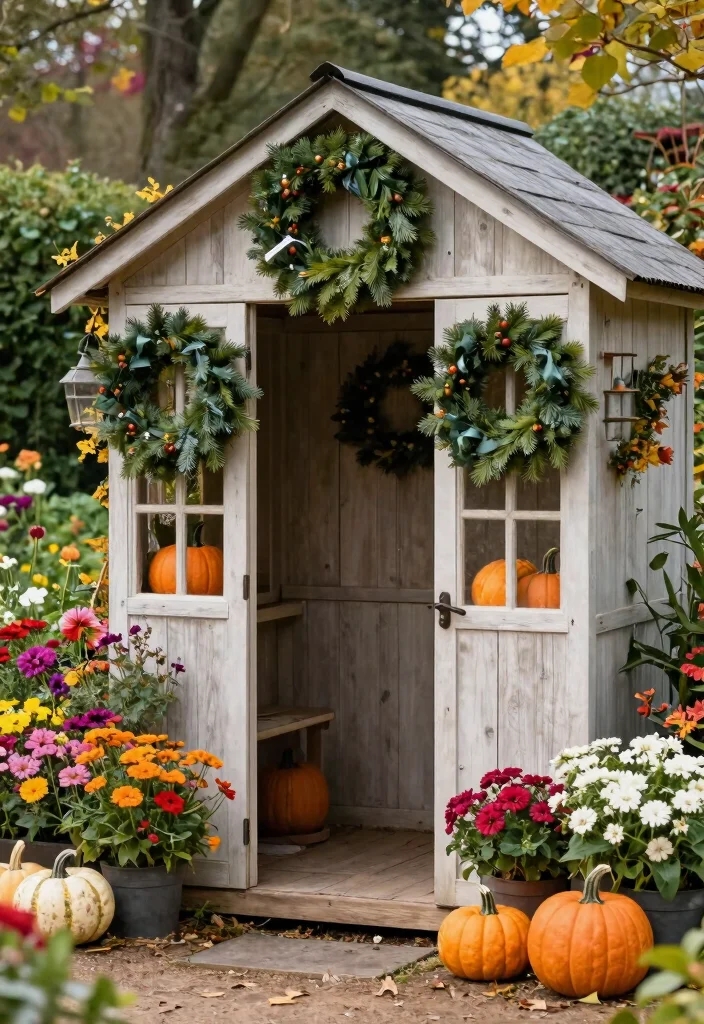 23 Breathtaking Garden Shed Inspiration Photos for Your Project 20. Shed with Seasonal Decor 0