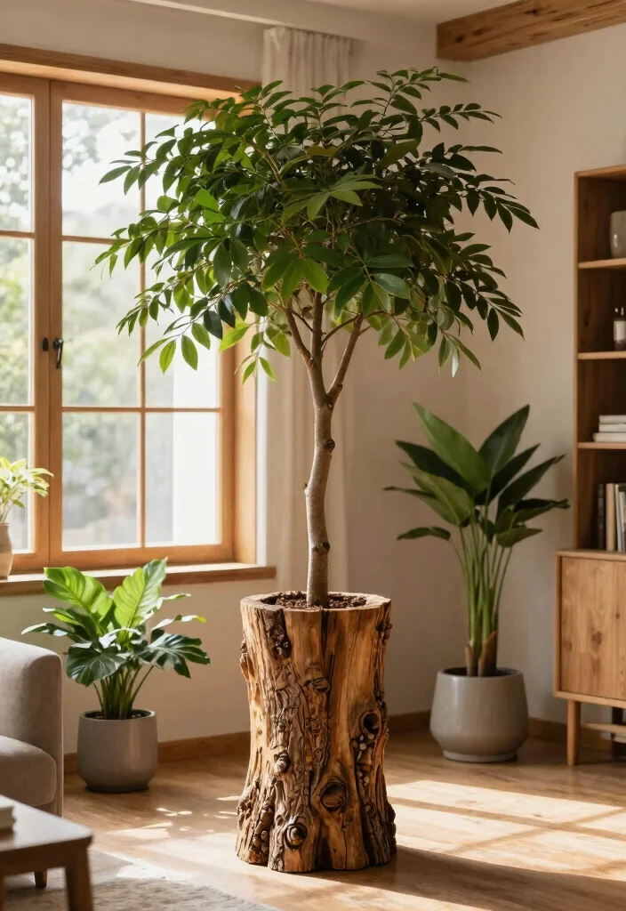 5 Unique Plant Stands That Look Like a Tree Must See 3. The Rustic Tree Trunk Stand 0