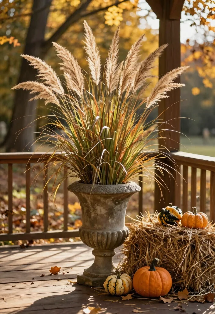 7 Beautiful Outdoor Urn Planter Ideas for Fall Decor 1. Rustic Stone Urn with Grasses and Hay 0