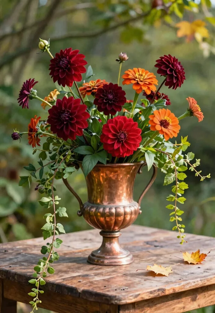 7 Beautiful Outdoor Urn Planter Ideas for Fall Decor 2. Vintage Copper Urn with Seasonal Blooms 0
